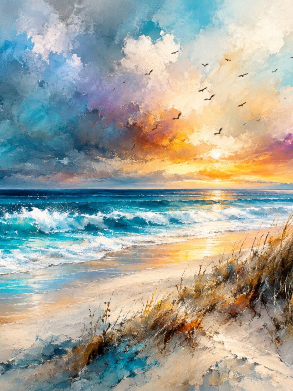Golden Tides at Twilight Coastal Art Print Teal Gold 36x24